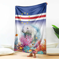 Coral reef manatee blanket with Cape Verde flag style, held upright on the floor