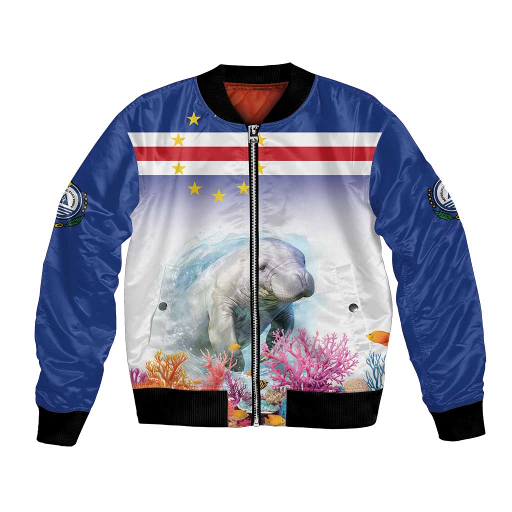 Blue bomber jacket with zip front, black ribbed cuffs, manatee reef graphic and flag panel
