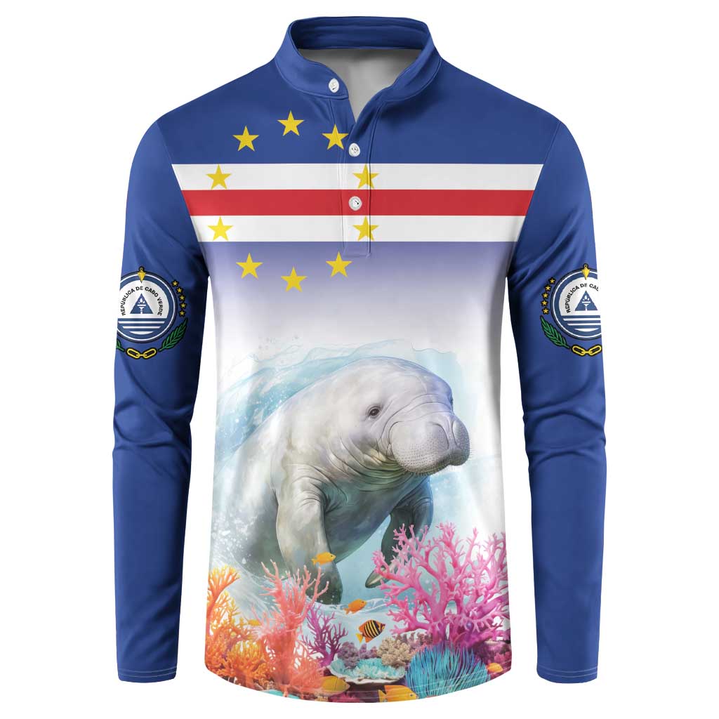 Men's blue button sweatshirt with manatee and coral reef graphic, long sleeves