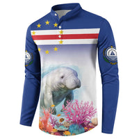 Men's blue button sweatshirt with polo collar, manatee and coral reef front graphic