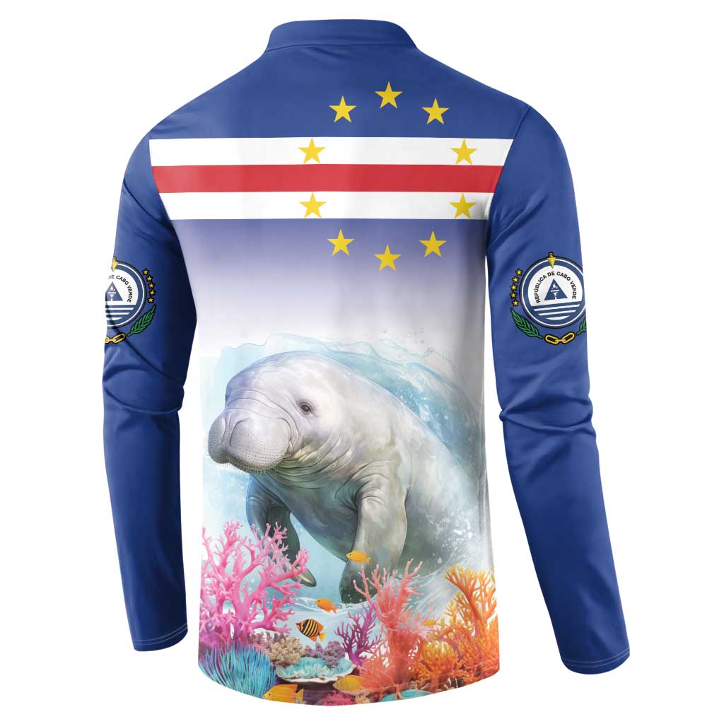 Men's blue button sweatshirt with back manatee graphic over coral reef, long sleeves