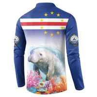 Men's blue button sweatshirt with back manatee graphic over coral reef, long sleeves