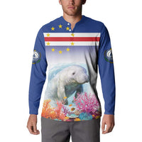 Men's blue button sweatshirt with manatee and coral reef front graphic, long sleeves