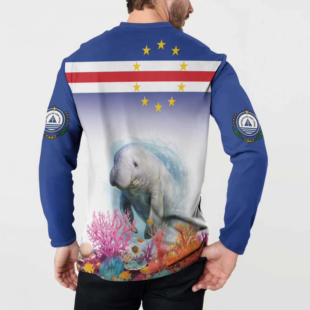 Men's blue button sweatshirt with back manatee coral reef graphic, long sleeves