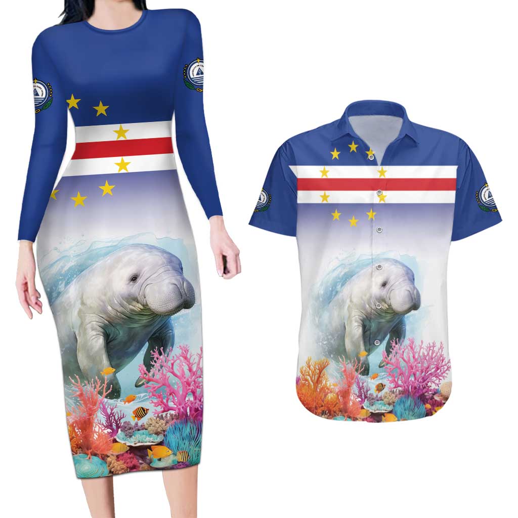 Cape Verde Manatee Couples Matching Long Sleeve Bodycon Dress and Hawaiian Shirt Coral Reef With Flag Style - Wonder Print Shop