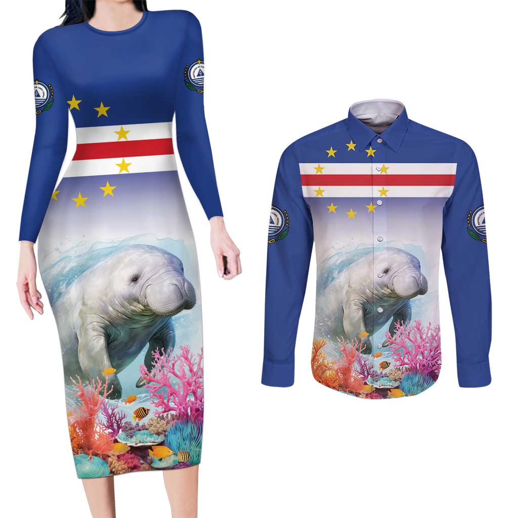 Cape Verde Manatee Couples Matching Long Sleeve Bodycon Dress and Long Sleeve Button Shirt Coral Reef With Flag Style - Wonder Print Shop