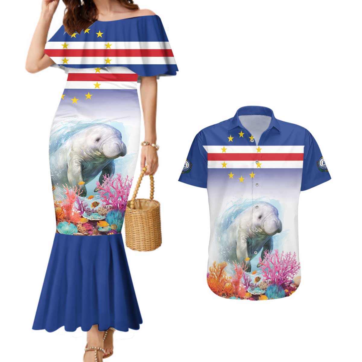 Cape Verde Manatee Couples Matching Mermaid Dress and Hawaiian Shirt Coral Reef With Flag Style - Wonder Print Shop