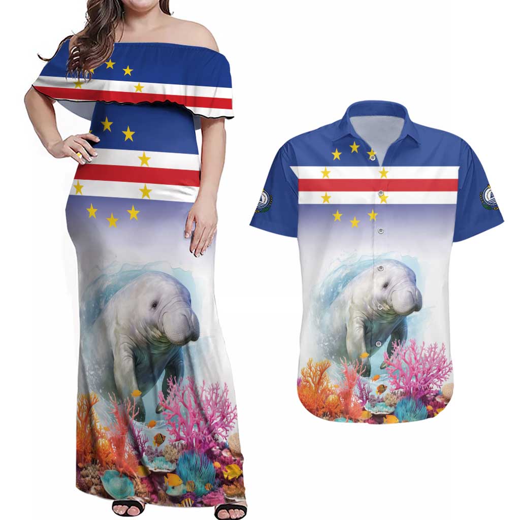 Cape Verde Manatee Couples Matching Off Shoulder Maxi Dress and Hawaiian Shirt Coral Reef With Flag Style - Wonder Print Shop