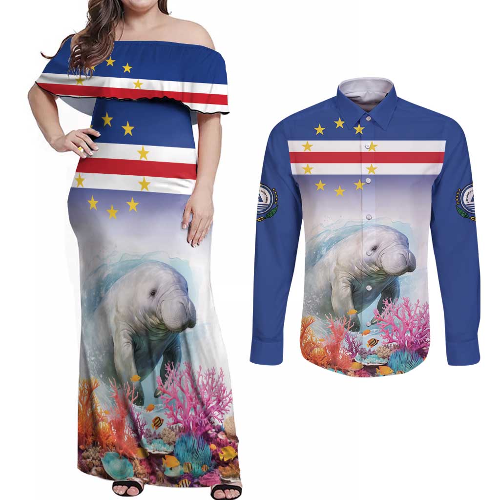 Cape Verde Manatee Couples Matching Off Shoulder Maxi Dress and Long Sleeve Button Shirt Coral Reef With Flag Style - Wonder Print Shop