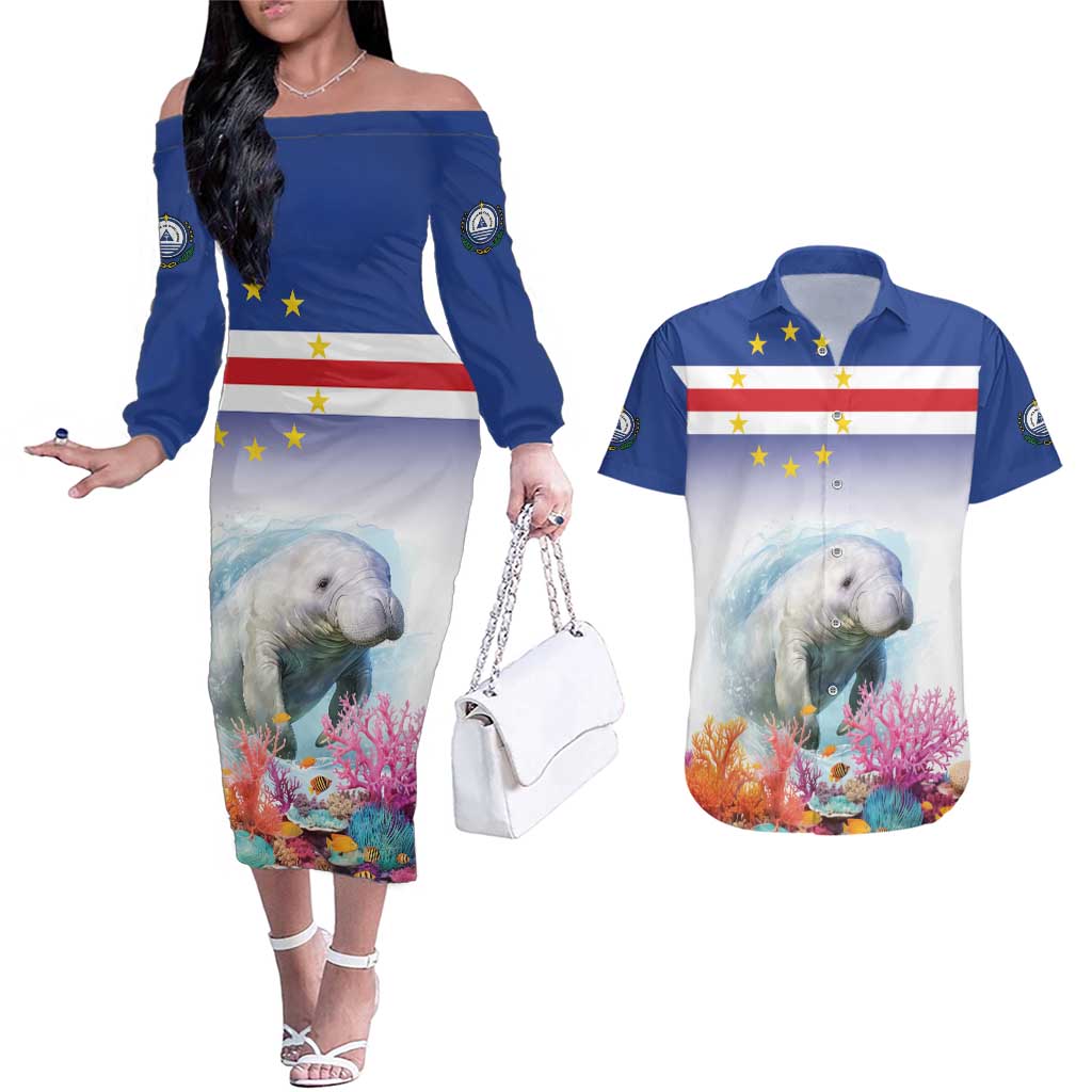 Cape Verde Manatee Couples Matching Off The Shoulder Long Sleeve Dress and Hawaiian Shirt Coral Reef With Flag Style - Wonder Print Shop