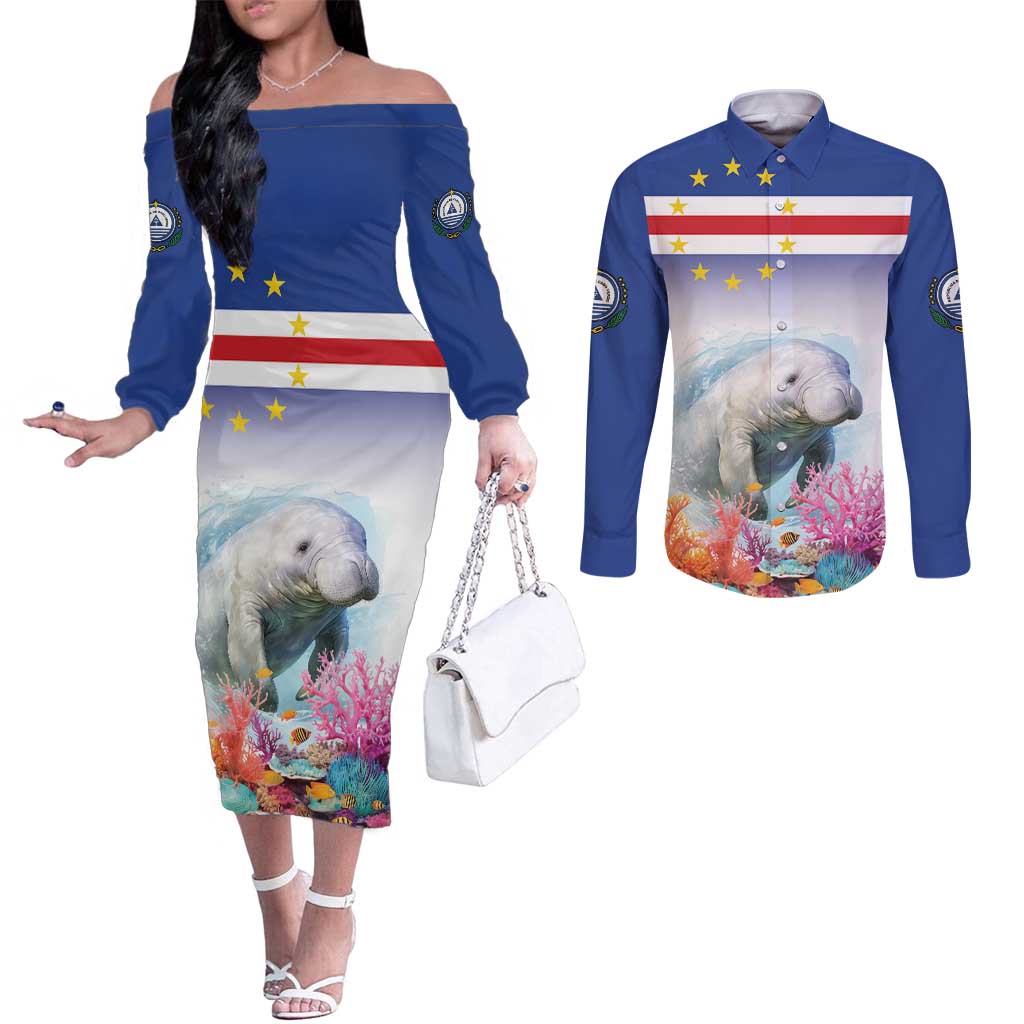 Cape Verde Manatee Couples Matching Off The Shoulder Long Sleeve Dress and Long Sleeve Button Shirt Coral Reef With Flag Style