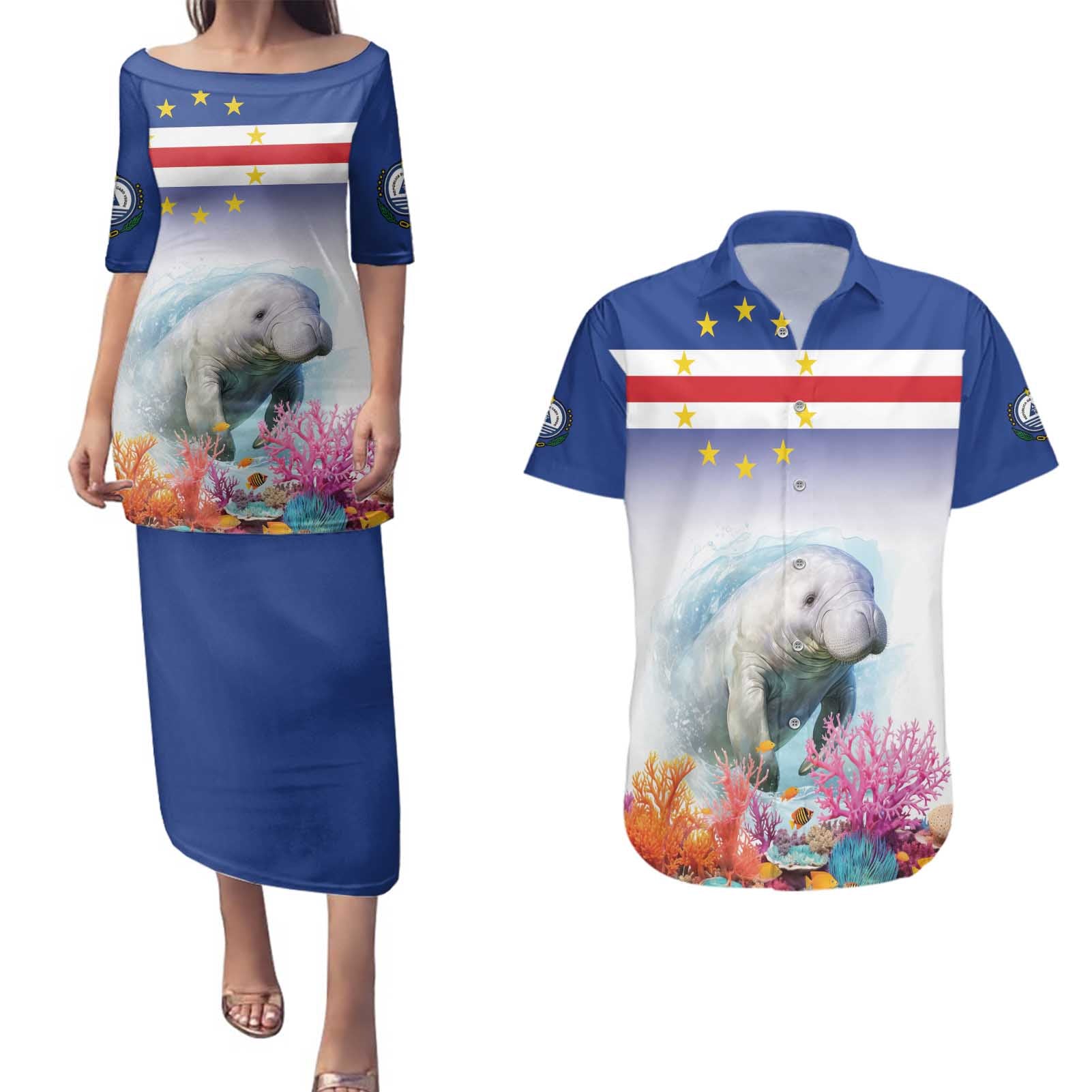 Cape Verde Manatee Couples Matching Puletasi and Hawaiian Shirt Coral Reef With Flag Style - Wonder Print Shop