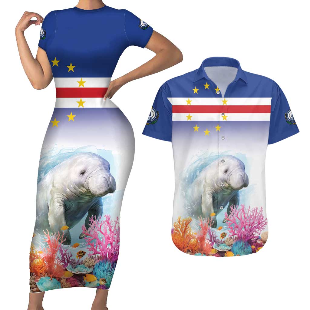 Cape Verde Manatee Couples Matching Short Sleeve Bodycon Dress and Hawaiian Shirt Coral Reef With Flag Style - Wonder Print Shop