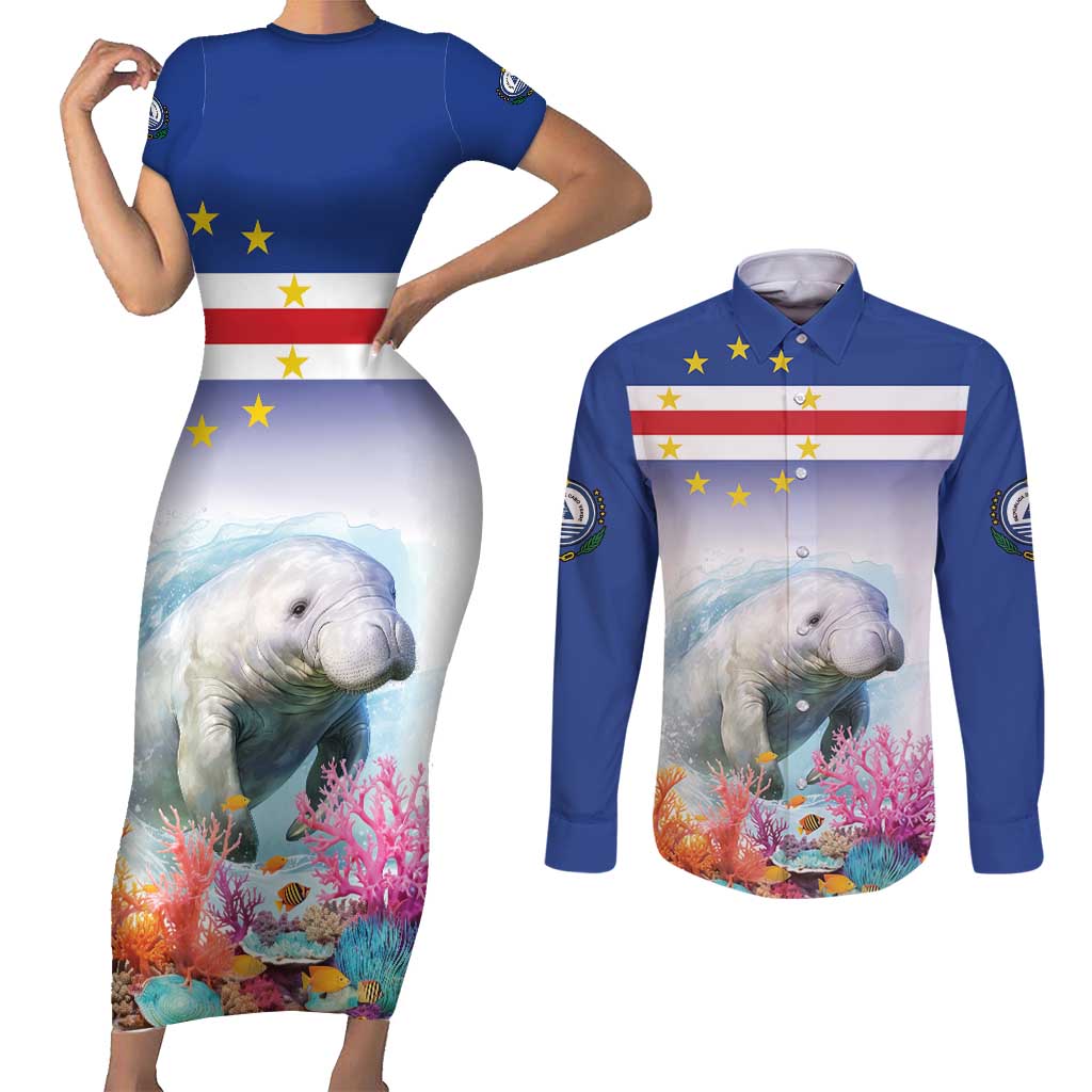 Cape Verde Manatee Couples Matching Short Sleeve Bodycon Dress and Long Sleeve Button Shirt Coral Reef With Flag Style - Wonder Print Shop