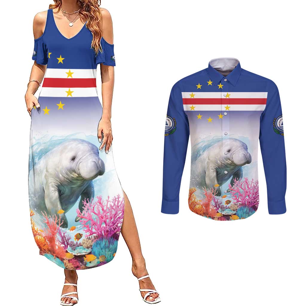 Cape Verde Manatee Couples Matching Summer Maxi Dress and Long Sleeve Button Shirt Coral Reef With Flag Style - Wonder Print Shop