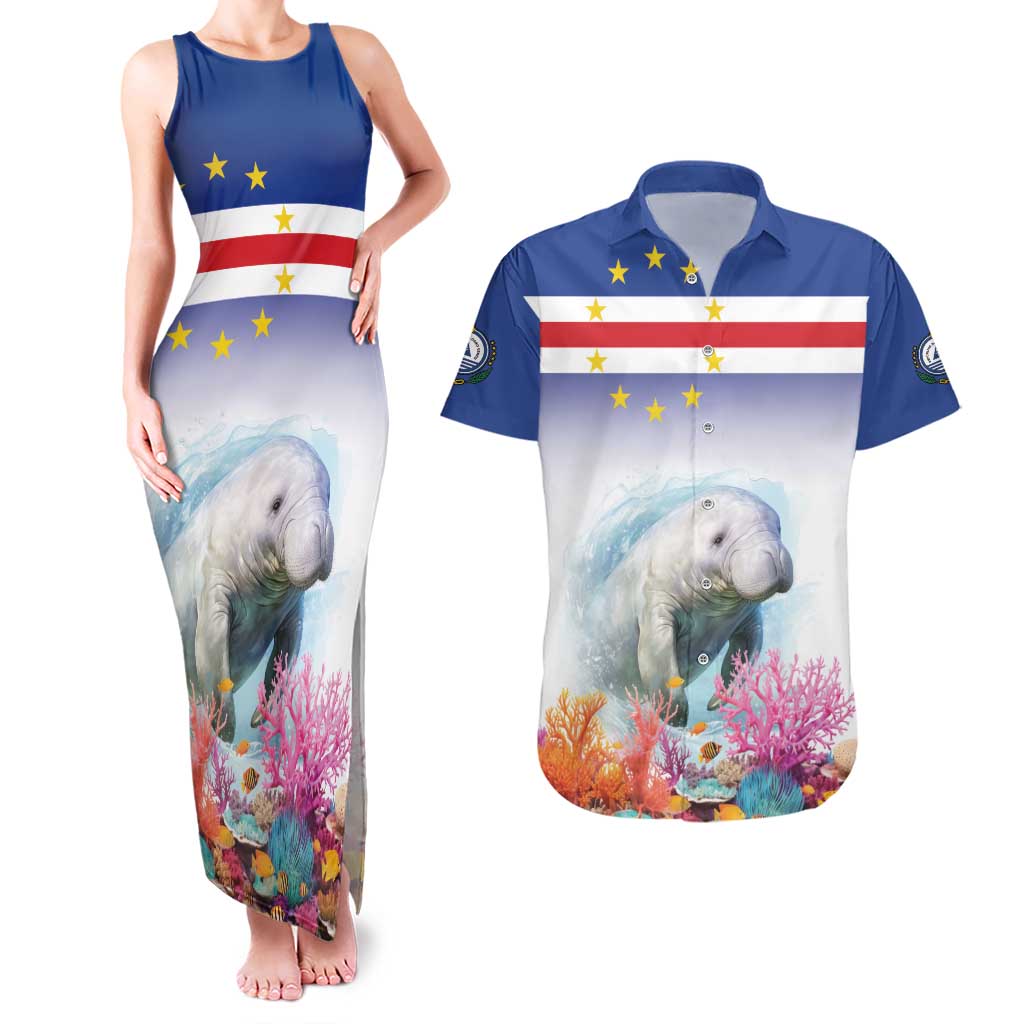 Cape Verde Manatee Couples Matching Tank Maxi Dress and Hawaiian Shirt Coral Reef With Flag Style - Wonder Print Shop