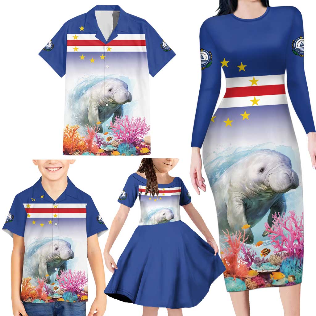 Cape Verde Manatee Family Matching Long Sleeve Bodycon Dress and Hawaiian Shirt Coral Reef With Flag Style - Wonder Print Shop