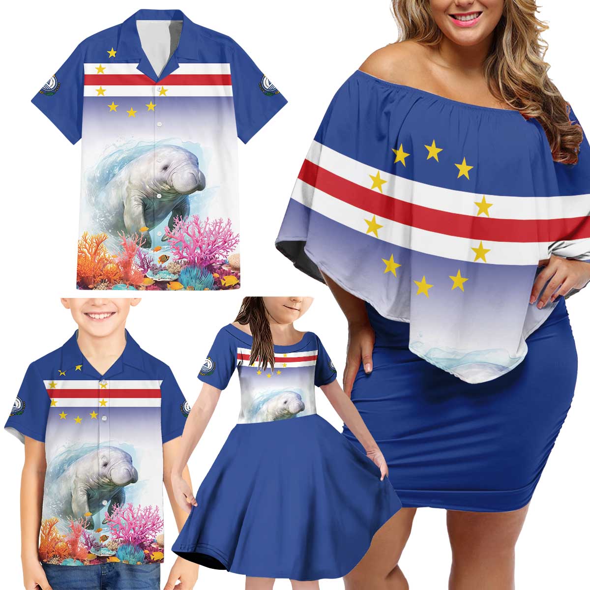 Cape Verde Manatee Family Matching Off Shoulder Short Dress and Hawaiian Shirt Coral Reef With Flag Style - Wonder Print Shop