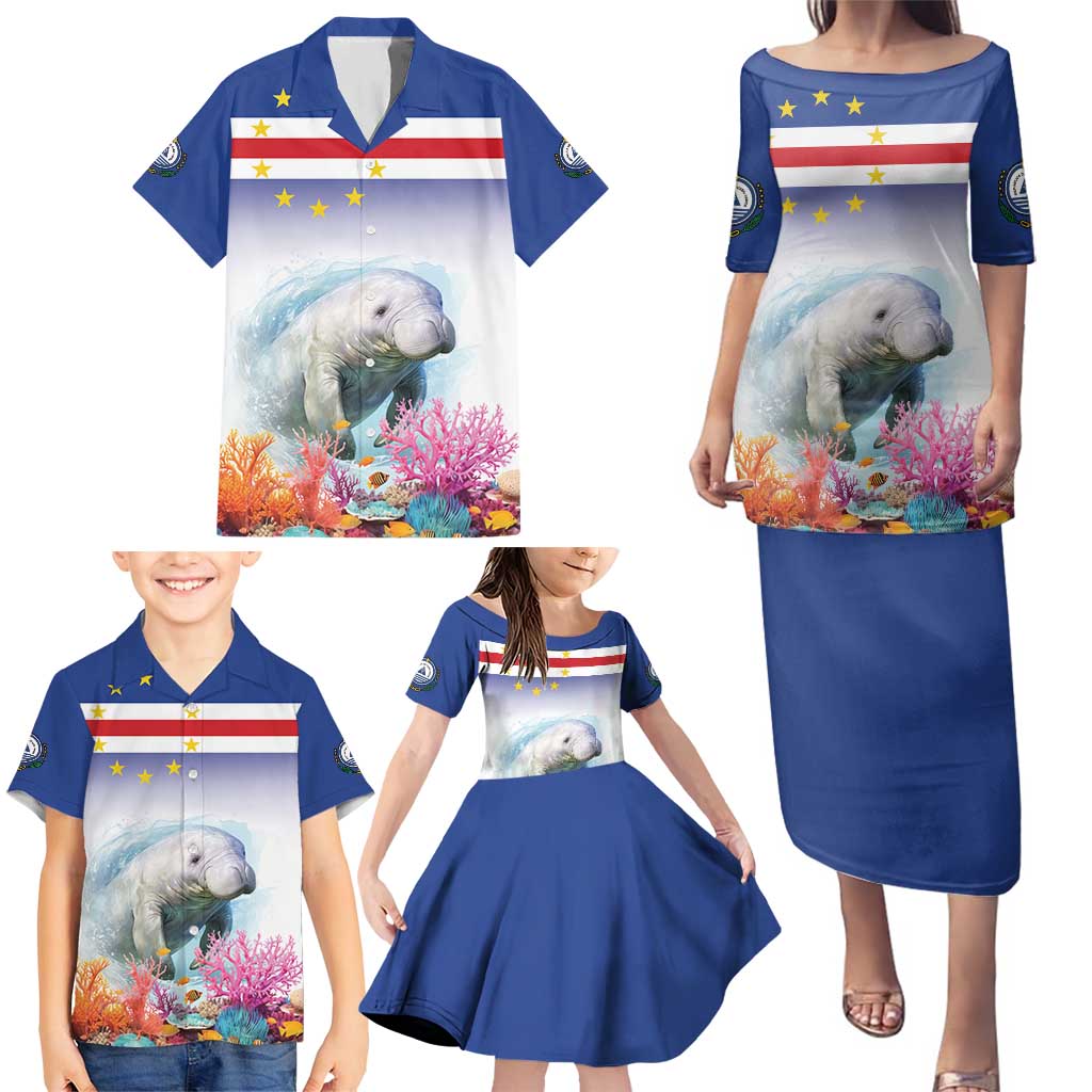 Cape Verde Manatee Family Matching Puletasi and Hawaiian Shirt Coral Reef With Flag Style - Wonder Print Shop