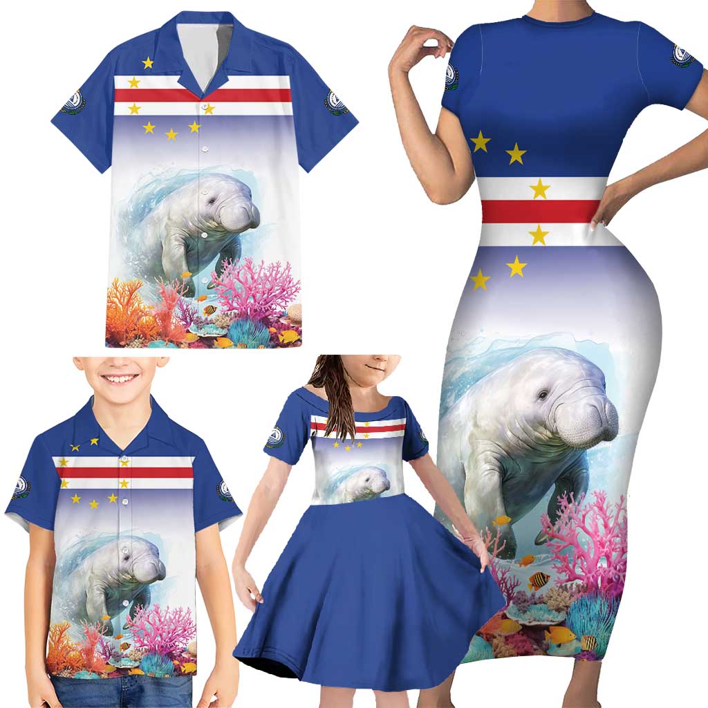 Cape Verde Manatee Family Matching Short Sleeve Bodycon Dress and Hawaiian Shirt Coral Reef With Flag Style - Wonder Print Shop