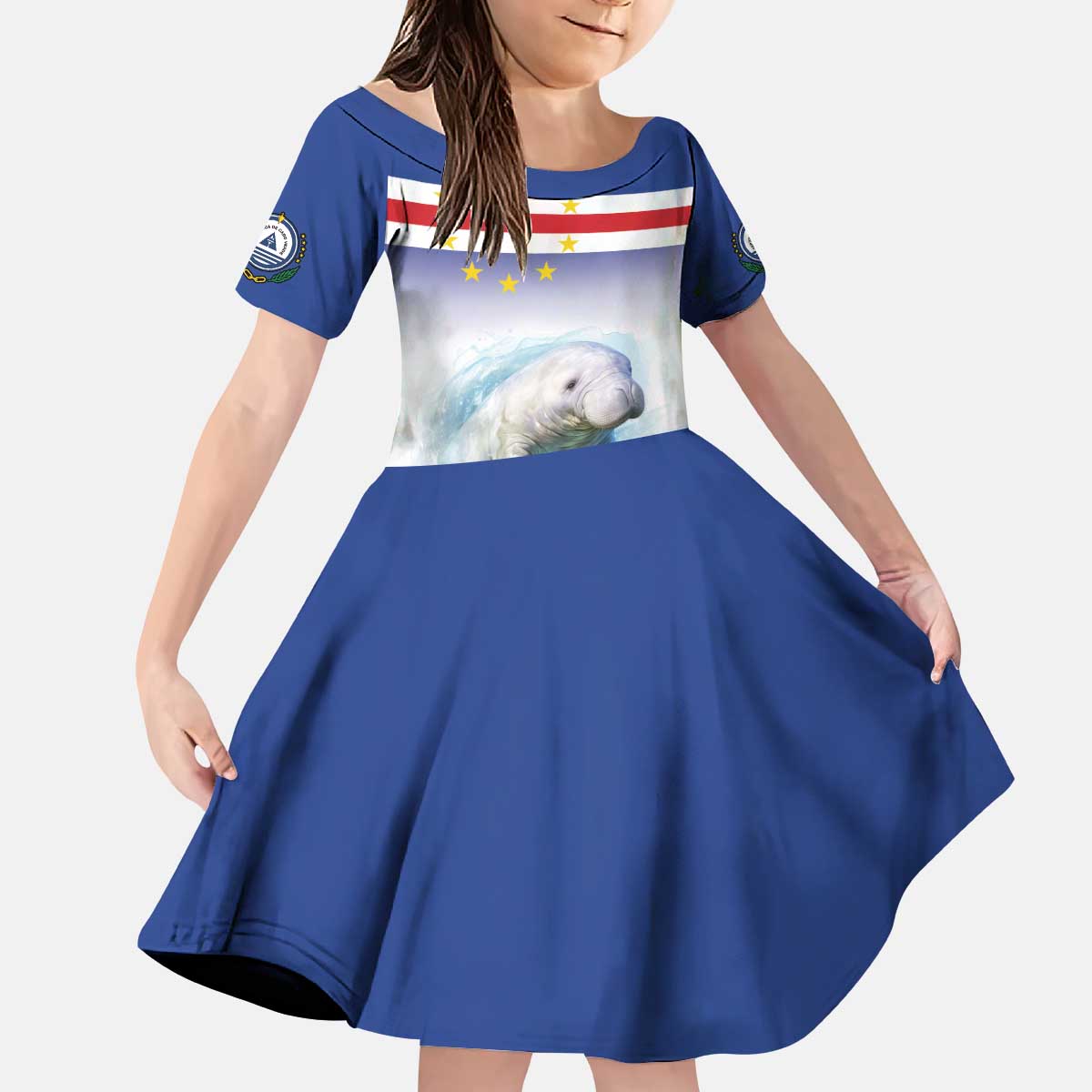 Cape Verde Manatee Kid Short Sleeve Dress Coral Reef With Flag Style - Wonder Print Shop