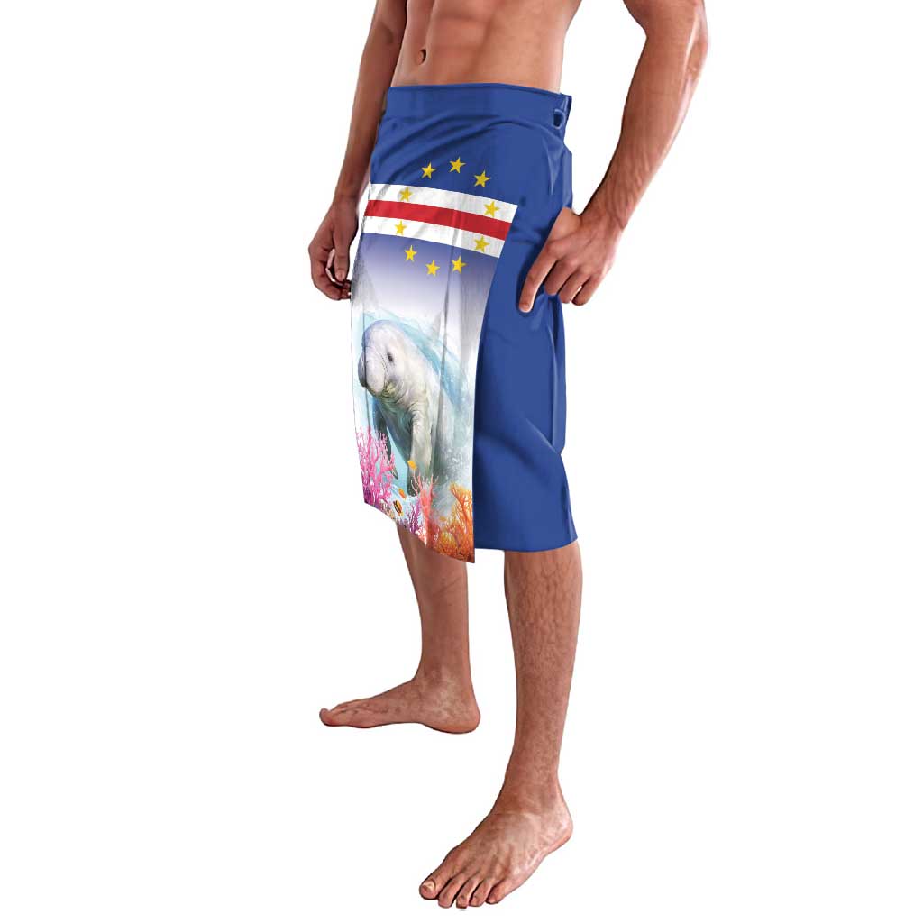Blue men's lavalava with drawstring waistband and manatee flag print, side view