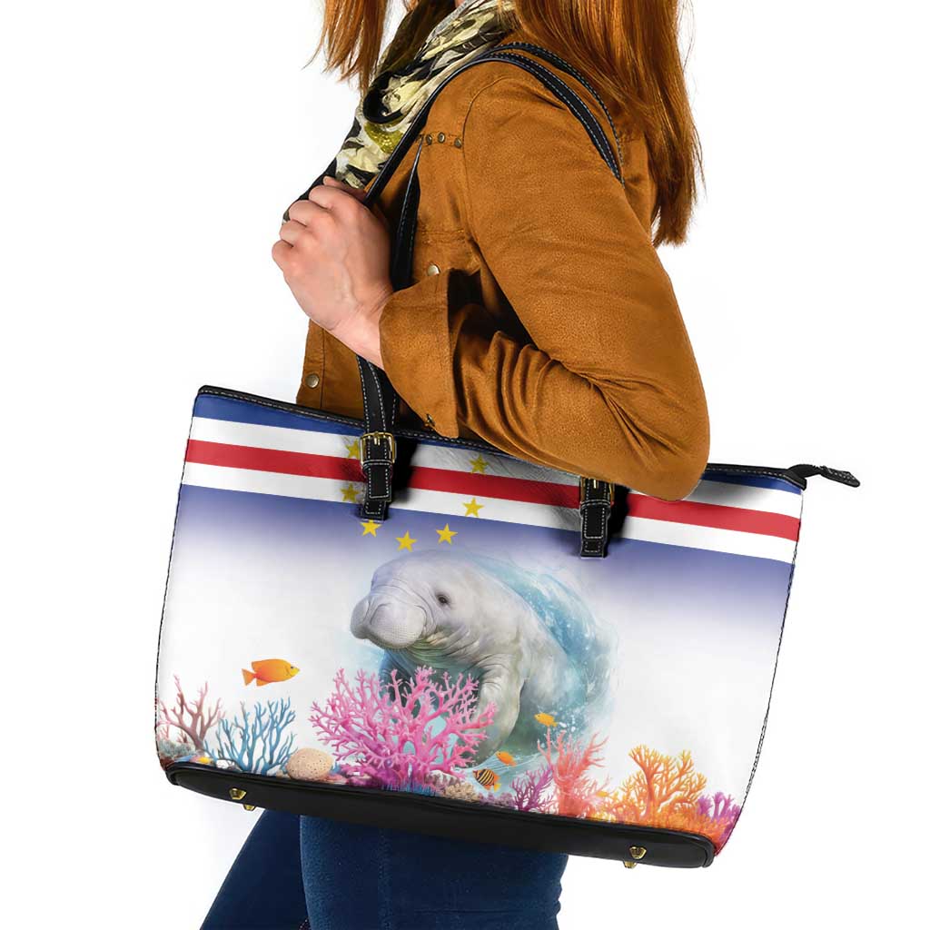 Cape Verde Manatee Leather Tote Bag Coral Reef With Flag Style - Wonder Print Shop