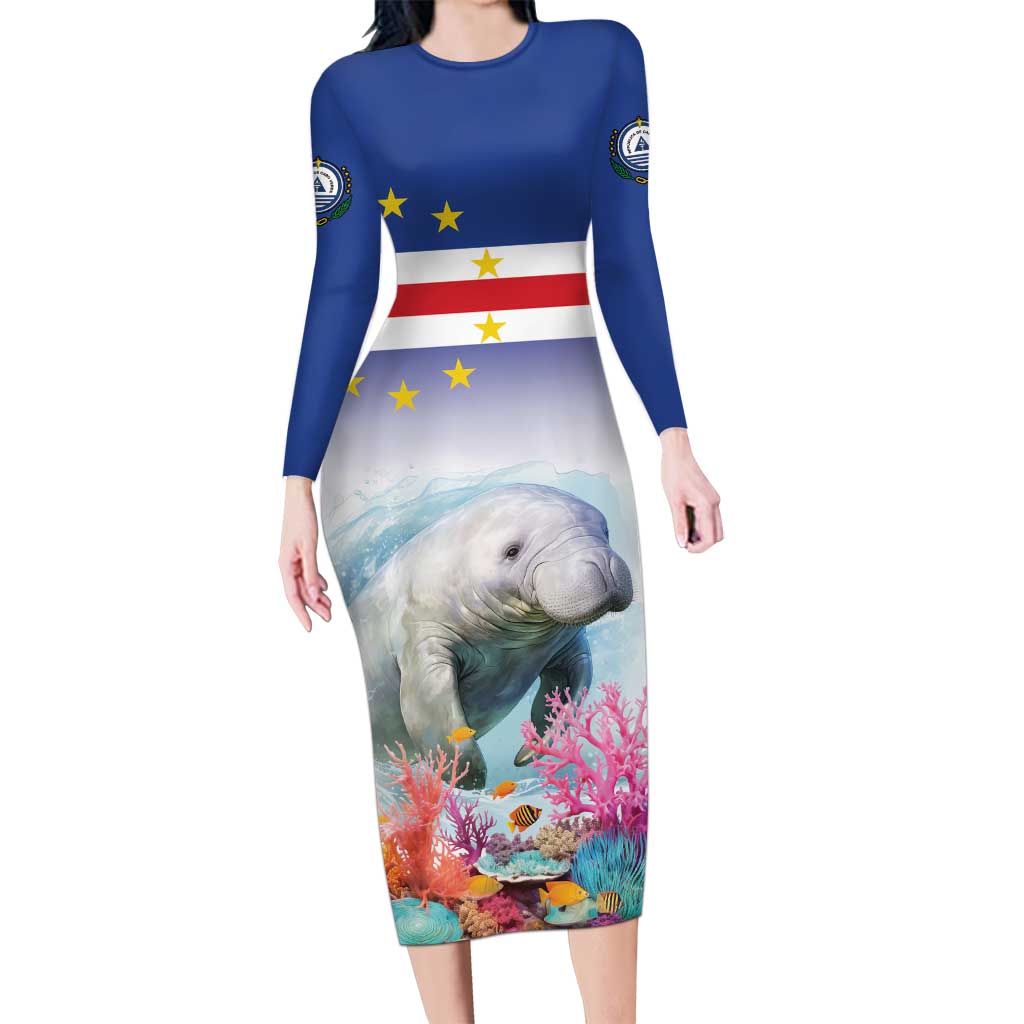 Cape Verde Manatee Long Sleeve Bodycon Dress Coral Reef With Flag Style - Wonder Print Shop