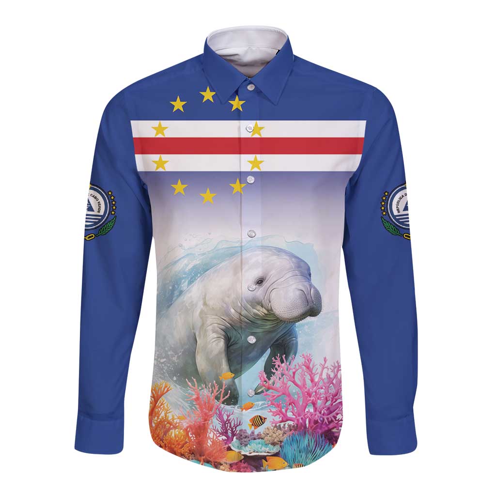 Blue long sleeve button shirt with manatee reef print and Cape Verde flag on front