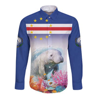 Blue long sleeve button shirt with manatee reef print and Cape Verde flag on front