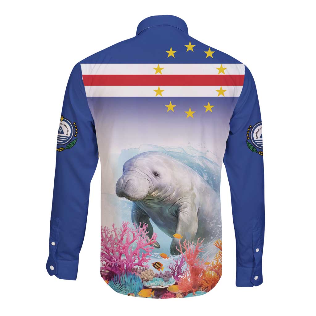 Blue long sleeve button shirt with manatee reef print and Cape Verde flag on back