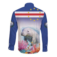 Blue long sleeve button shirt with manatee reef print and Cape Verde flag on back