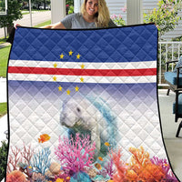 Blue, white, red quilt with Cape Verde flag and manatee over colorful coral reef art