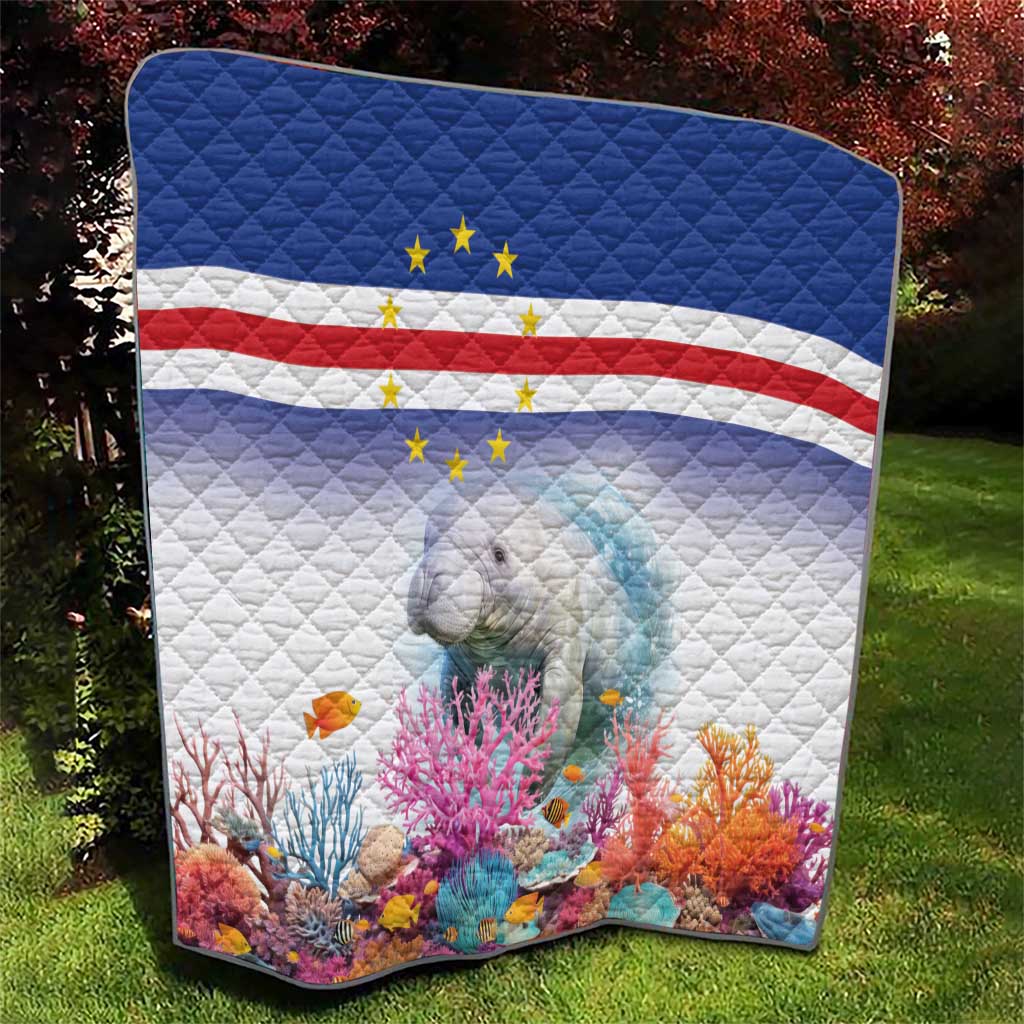 Corner view quilt with Cape Verde flag stripes, yellow stars, and manatee by coral