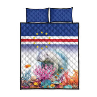 Manatee and coral reef quilt bed set with blue top, white base, flag stripes, two pillows
