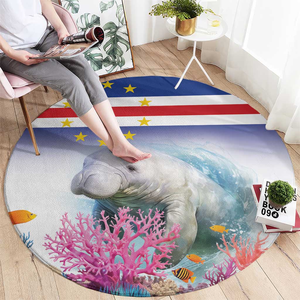 Round manatee reef rug with pink coral, fish, and blue-red stripe yellow star flag pattern