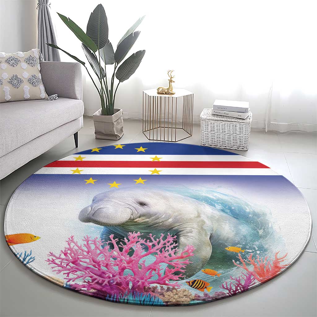 Round manatee and coral reef rug showing blue sky, pink coral, and yellow star flag stripes