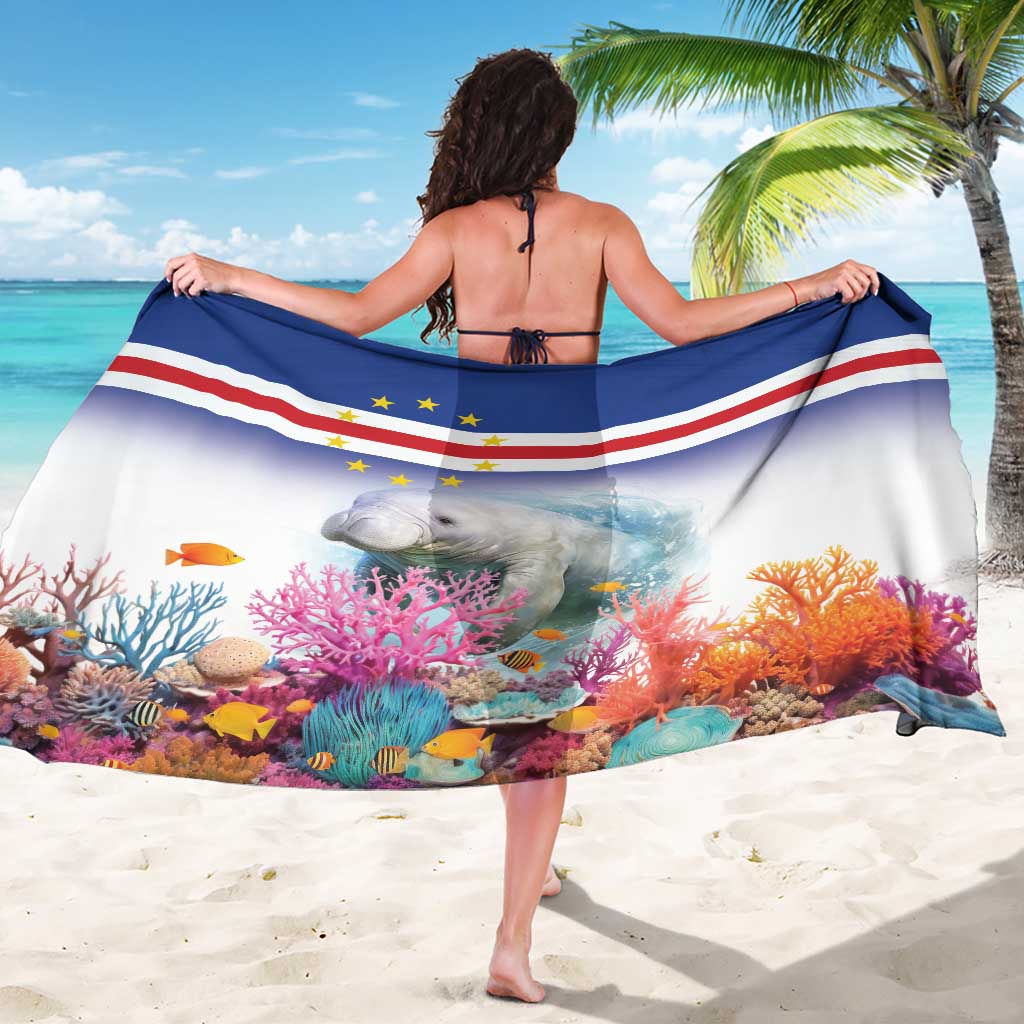 Cape Verde flag-style sarong draped across shoulders with manatee and coral reef scene