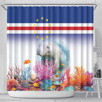 Cape Verde manatee shower curtain with coral reef scene and blue flag-style header