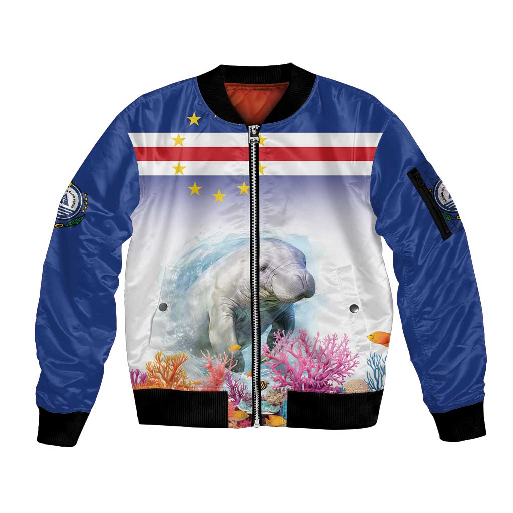 Cape Verde Manatee Sleeve Zip Bomber Jacket Coral Reef With Flag Style - Wonder Print Shop