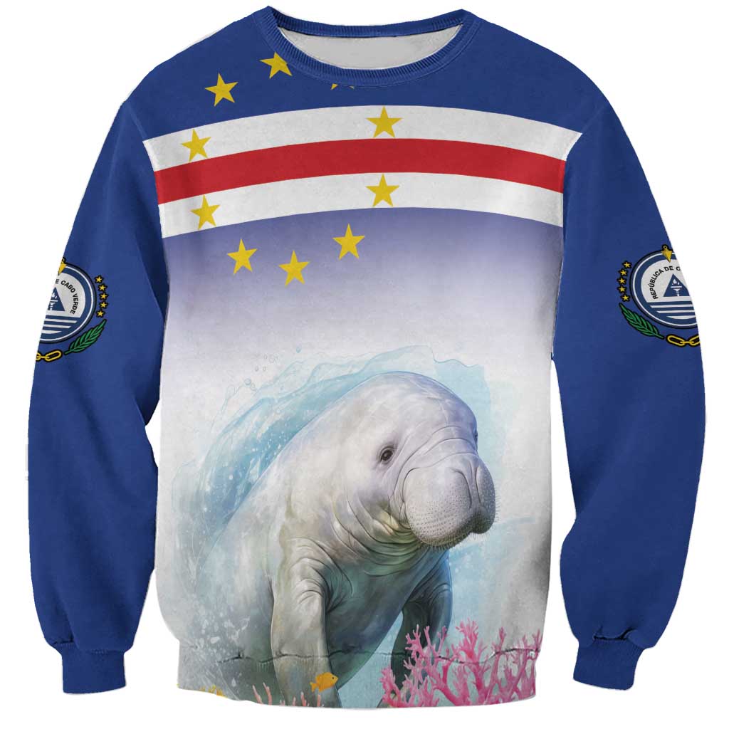 Blue crewneck sweatshirt with manatee graphic and Cape Verde flag stripes and stars