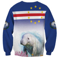 Blue crewneck sweatshirt with manatee graphic and Cape Verde flag stripes and stars, rear