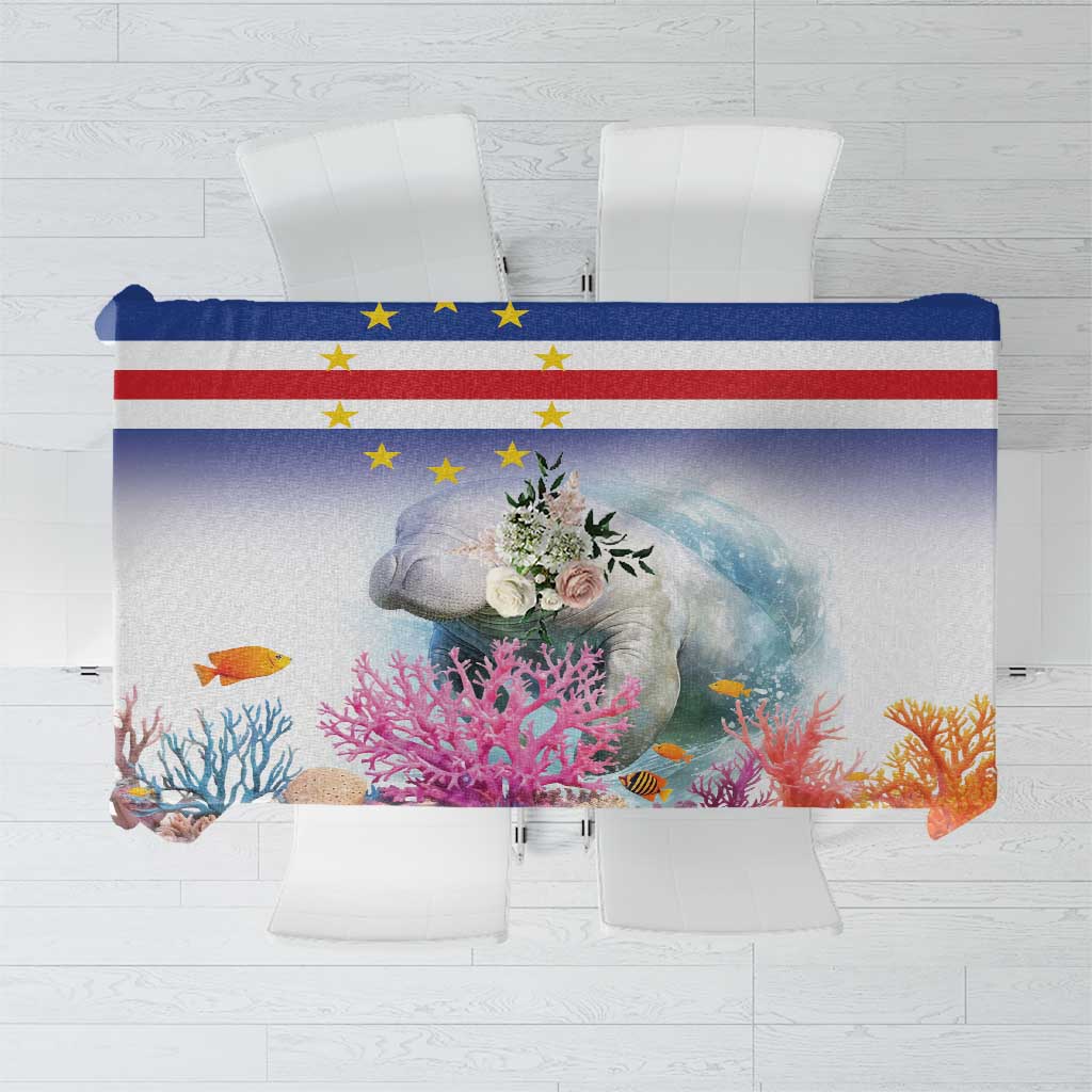 Coral reef manatee tablecloth with Cape Verde flag band, multicolor underwater print