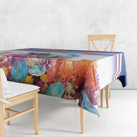 Coral reef manatee tablecloth draped corner with vibrant ocean reef and fish print