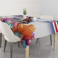 Underwater manatee tablecloth with coral and Cape Verde flag border, draped on table