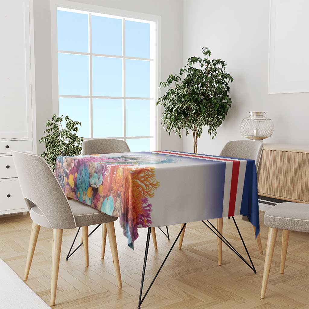 Coral reef manatee tablecloth with Cape Verde flag border stripes, reef and fish print