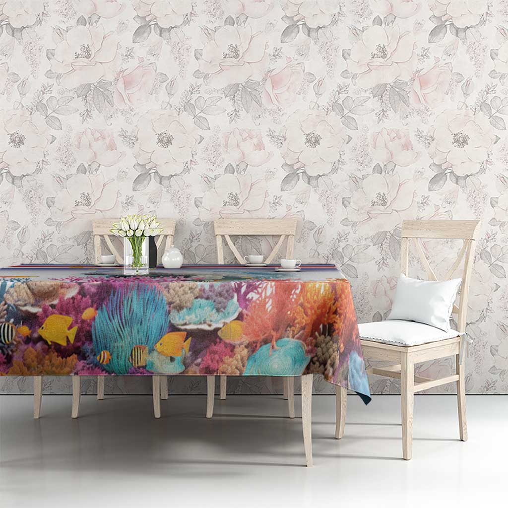 Coral reef manatee tablecloth with Cape Verde flag stripe border, ocean reef print