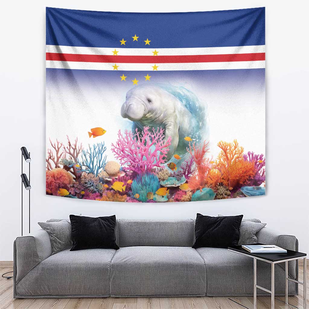 Manatee and coral reef wall tapestry with blue Cape Verde flag-style stripes
