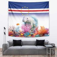 Manatee and coral reef wall tapestry with blue Cape Verde flag-style stripes
