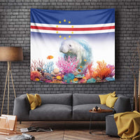 Manatee and colorful coral reef tapestry hanging on a wall with Cape Verde flag design